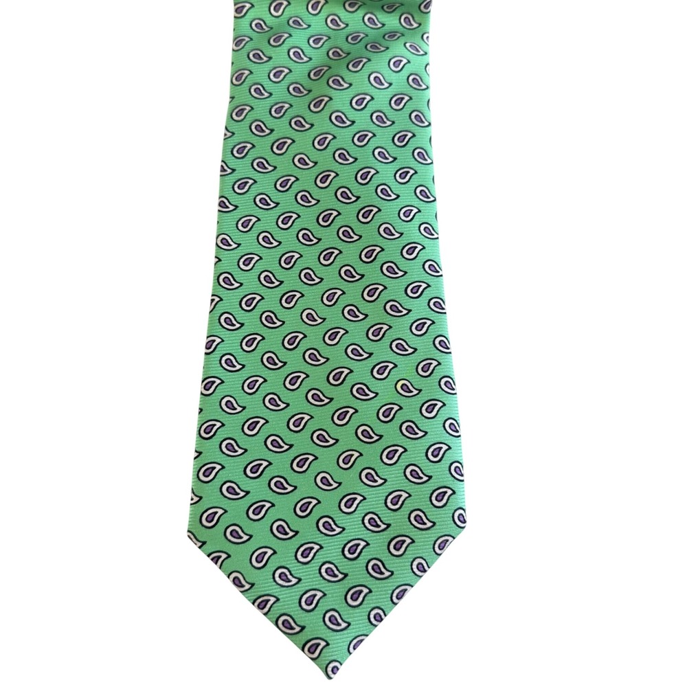 Polo Ralph Lauren Silk Necktie Mens Green Paisley Hand Made In Italy Classic Tie